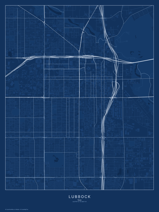 Lubbock map poster, blueprint style