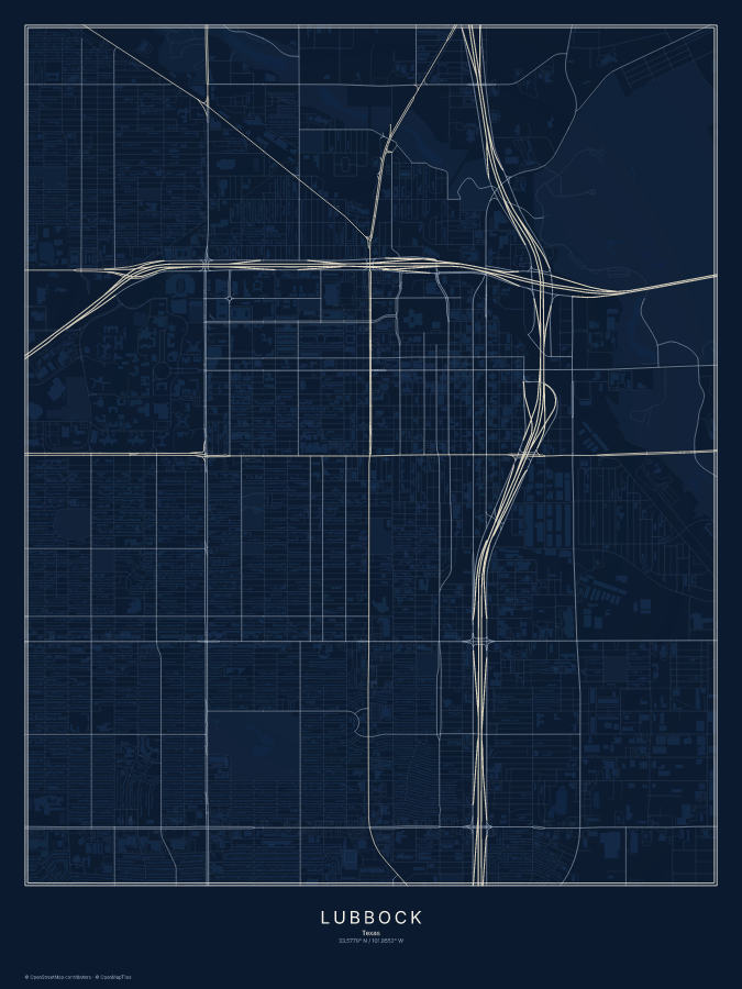 Lubbock map poster, midnight style