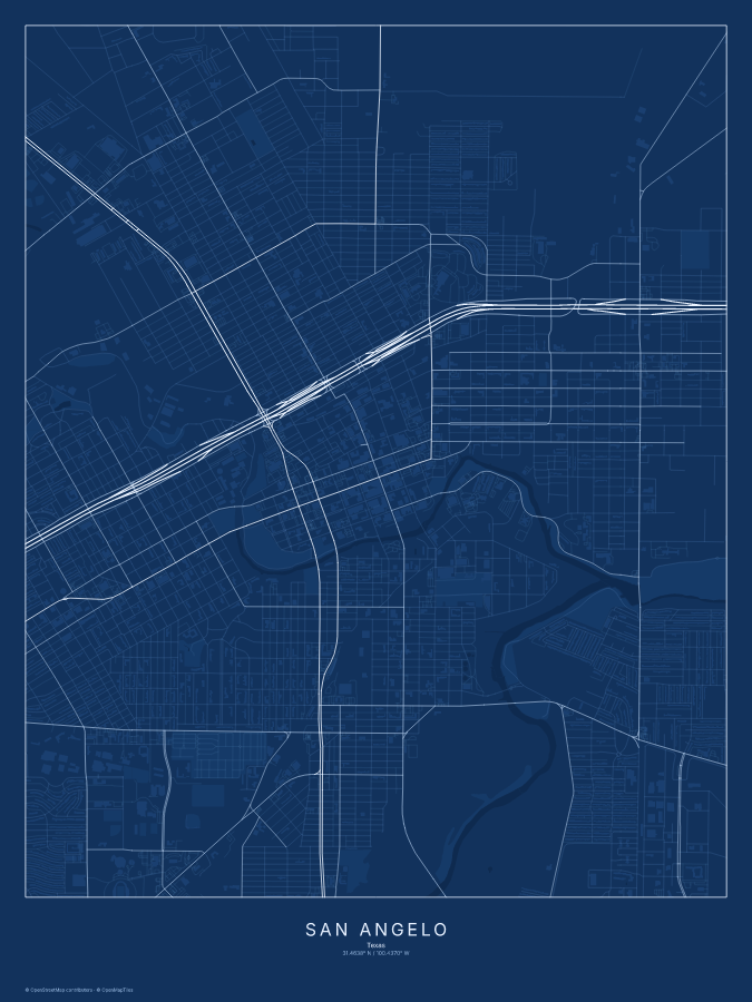 San Angelo map poster, blueprint style