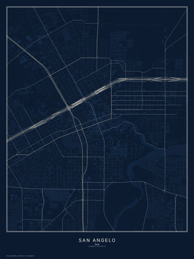 San Angelo map poster, midnight style