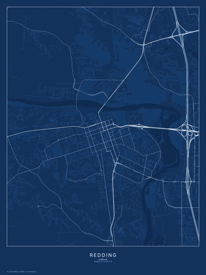 Redding map poster, blueprint style