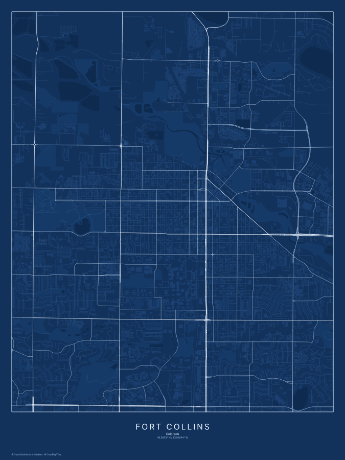 Fort Collins map poster, blueprint style