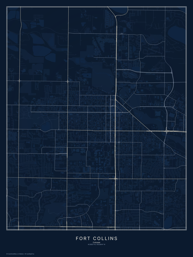 Fort Collins map poster, midnight style