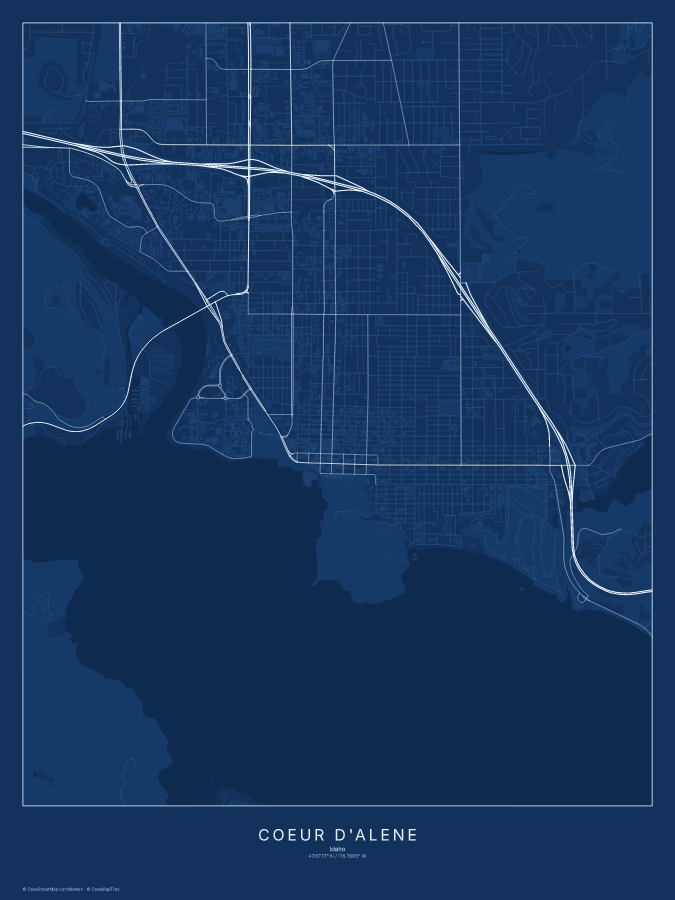 Coeur d'Alene map poster, blueprint style