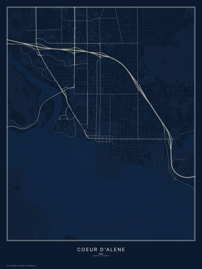 Coeur d'Alene map poster, midnight style