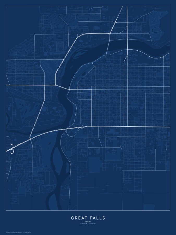 Great Falls map poster, blueprint style