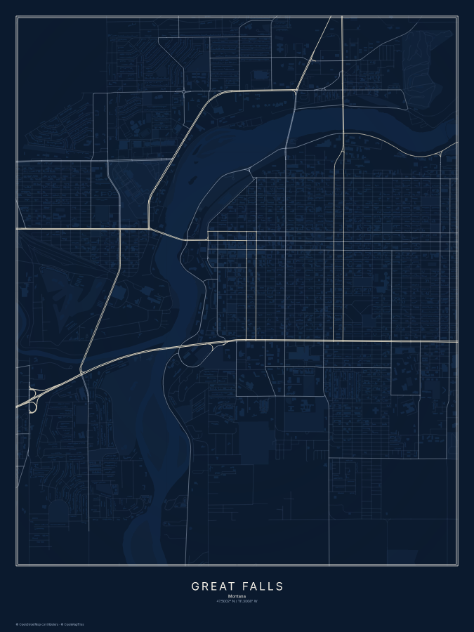 Great Falls map poster, midnight style