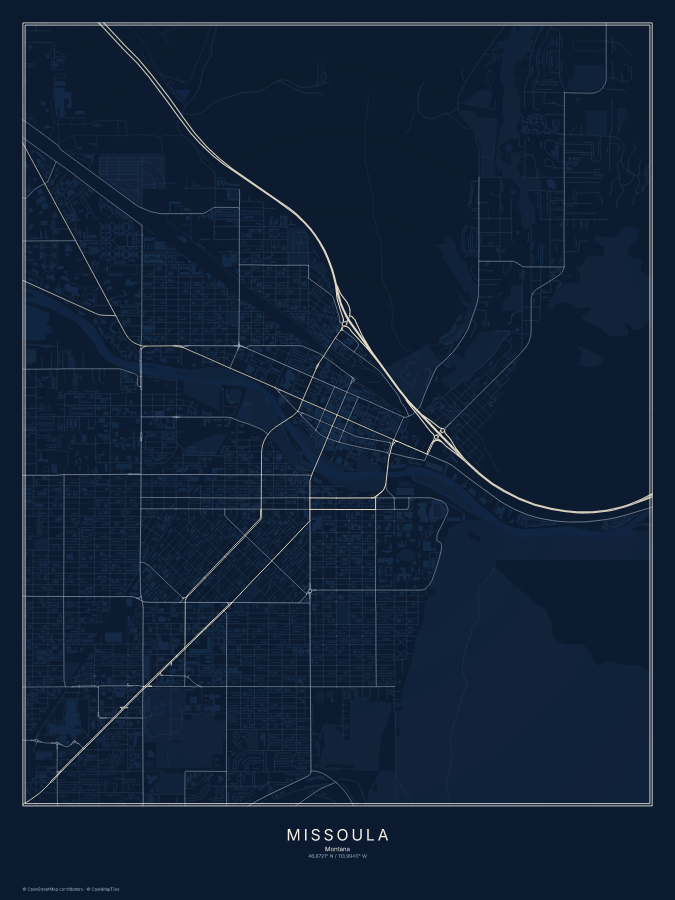Missoula map poster, midnight style
