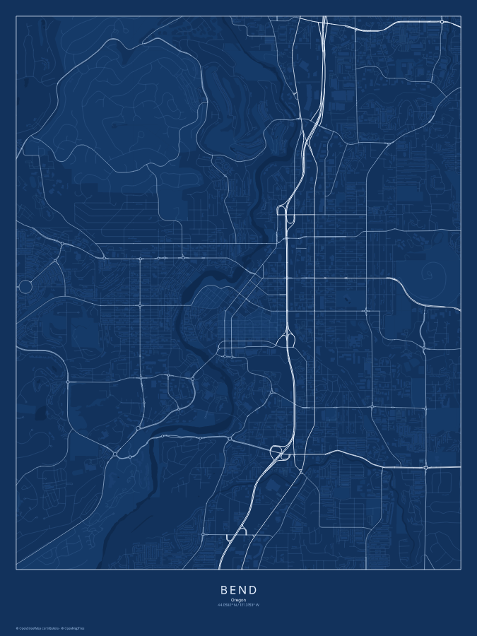 Bend map poster, blueprint style