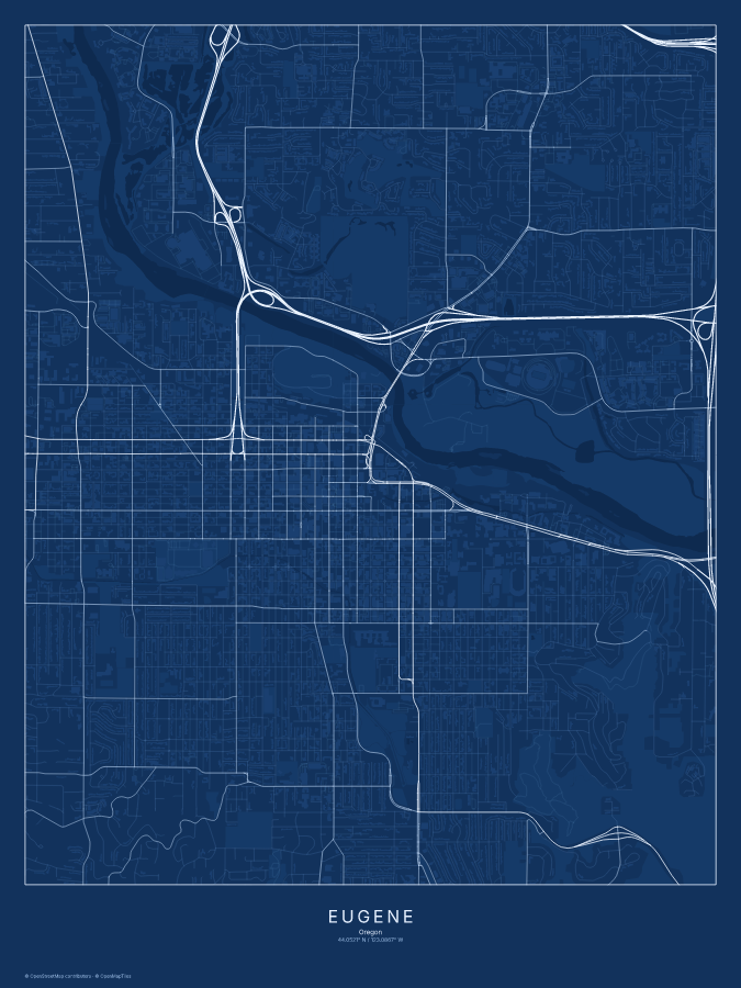Eugene map poster, blueprint style