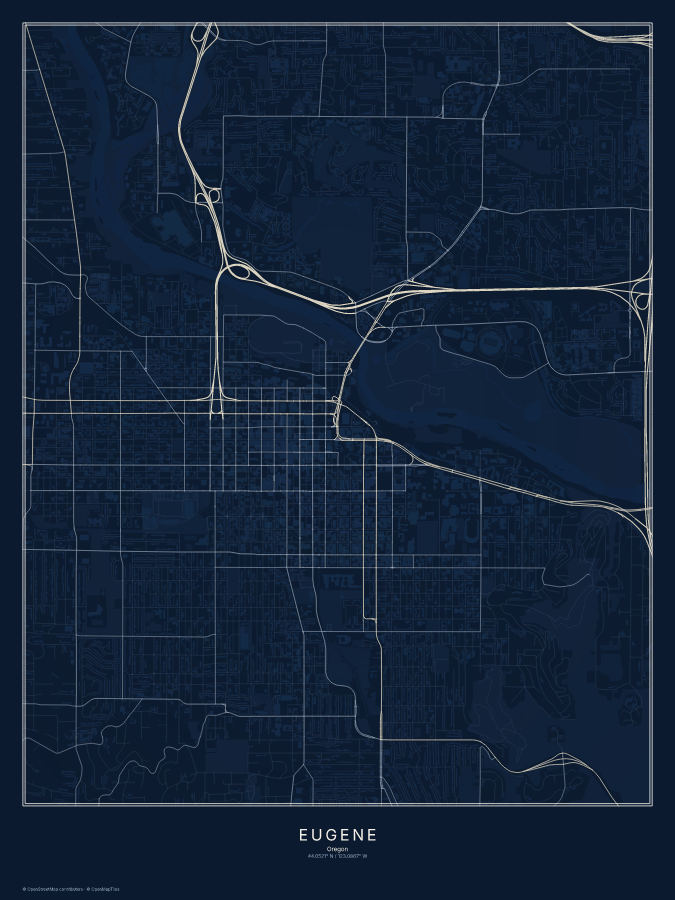 Eugene map poster, midnight style