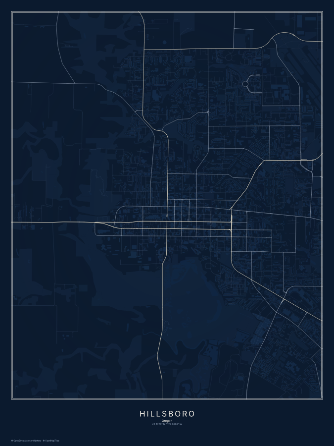 Hillsboro map poster, midnight style