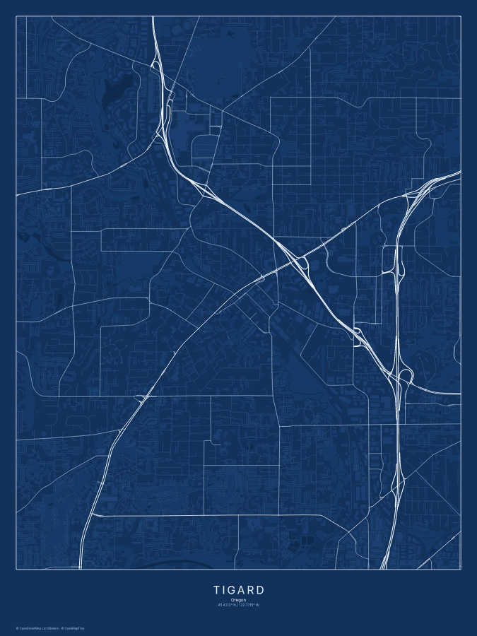 Tigard map poster, blueprint style