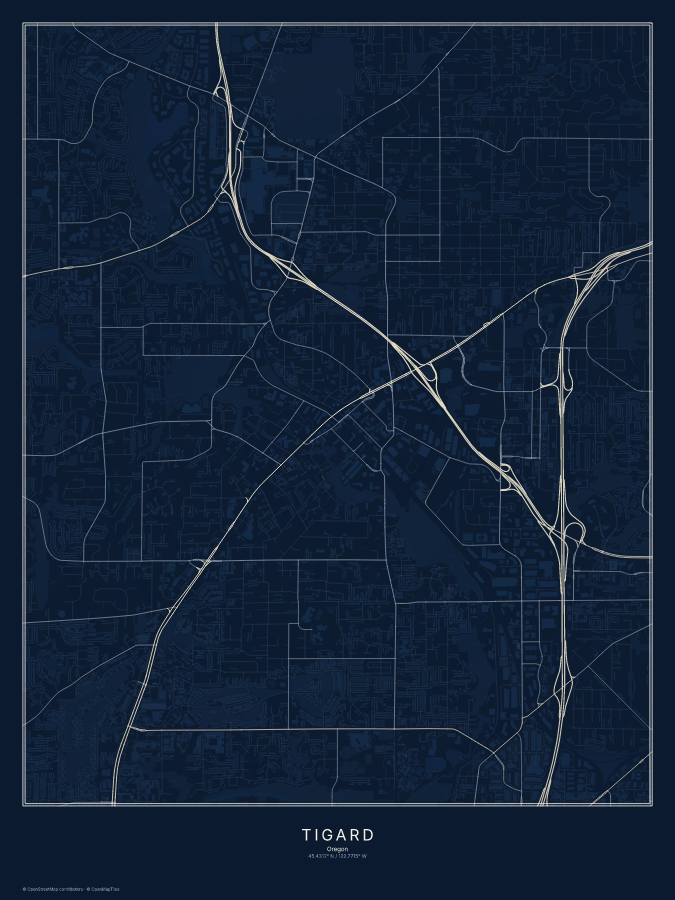 Tigard map poster, midnight style