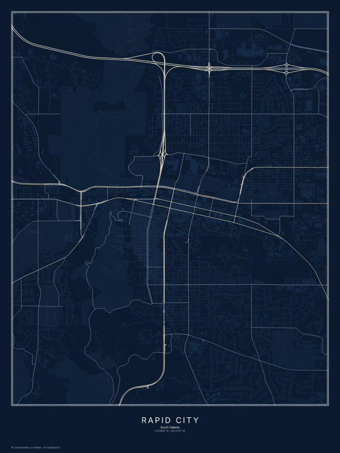 Rapid City map poster, midnight style