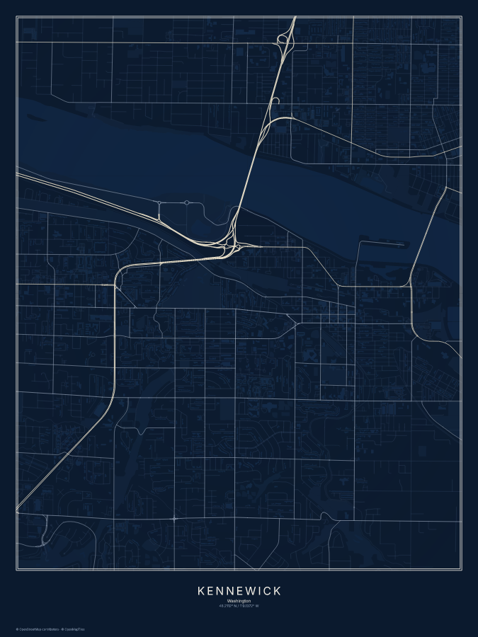 Kennewick map poster, midnight style
