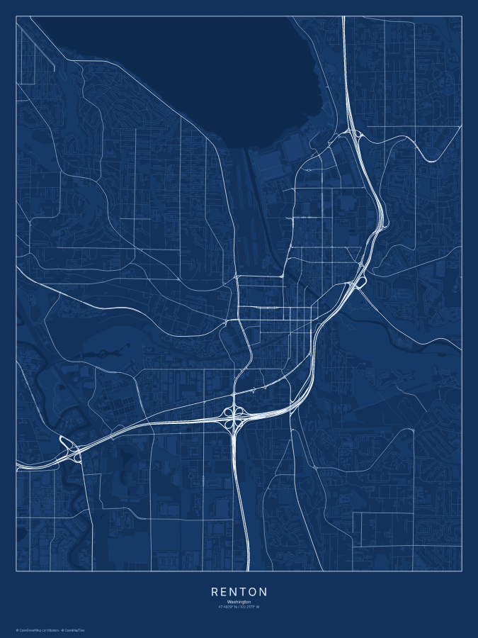 Renton map poster, blueprint style