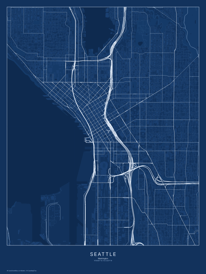 Seattle map poster, blueprint style
