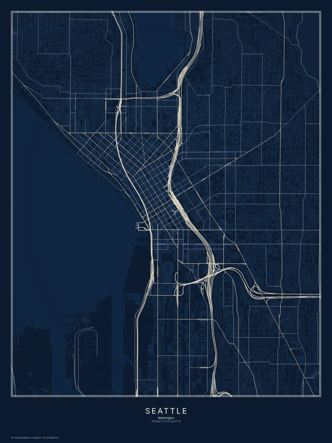 Seattle map poster, midnight style