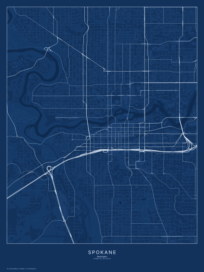 Spokane map poster, blueprint style