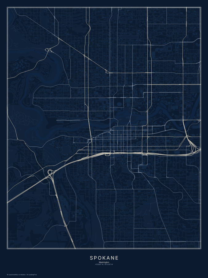 Spokane map poster, midnight style