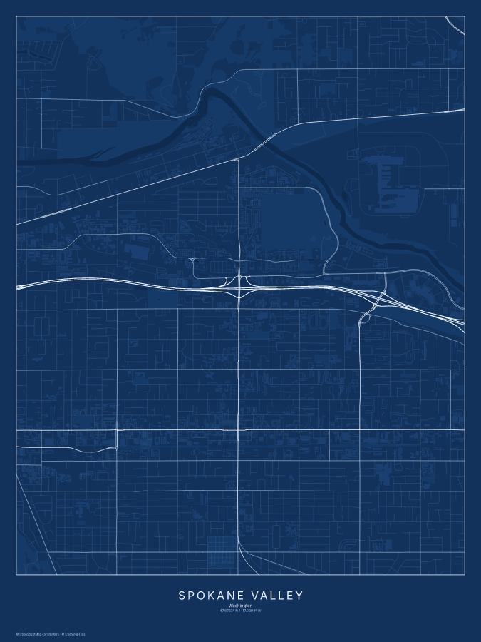 Spokane Valley map poster, blueprint style