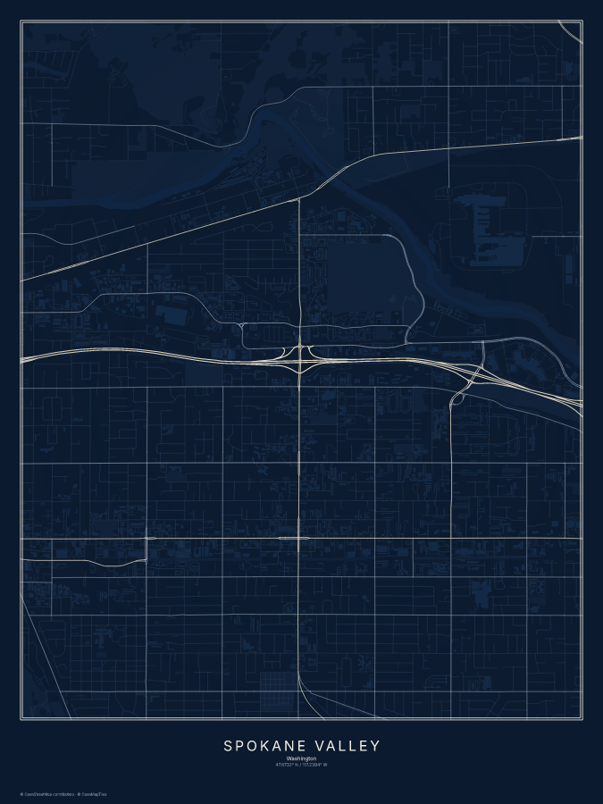 Spokane Valley map poster, midnight style