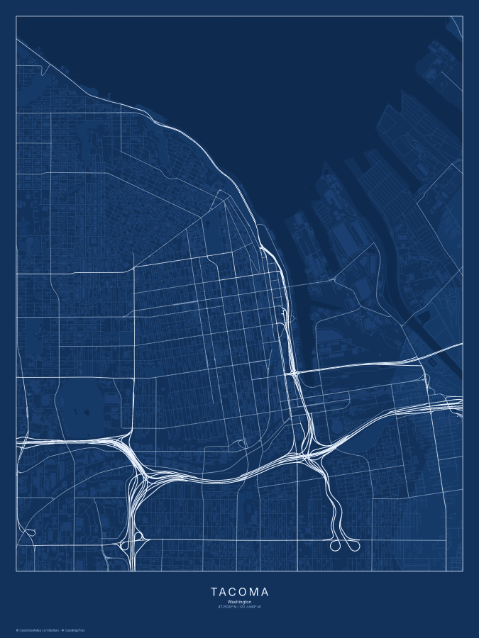 Tacoma map poster, blueprint style