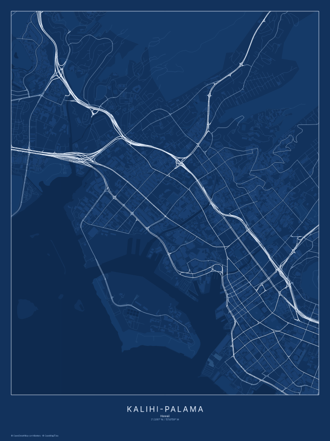 Kalihi-Palama map poster, blueprint style