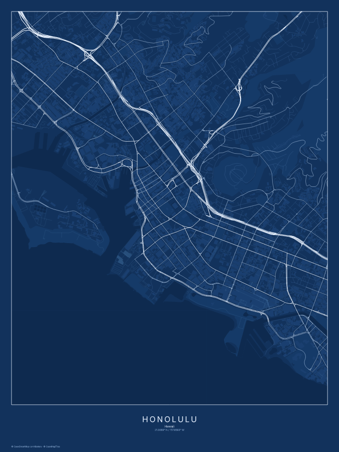 Honolulu map poster, blueprint style