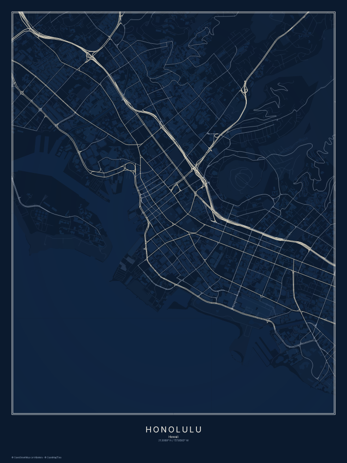 Honolulu map poster, midnight style