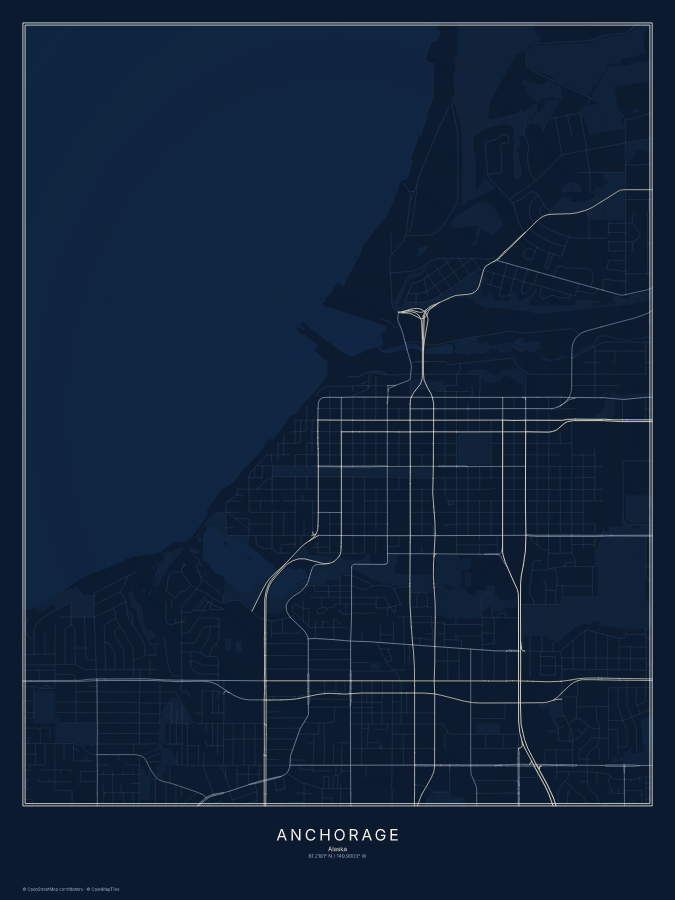 Anchorage map poster, midnight style