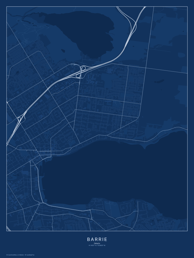 Barrie map poster, blueprint style