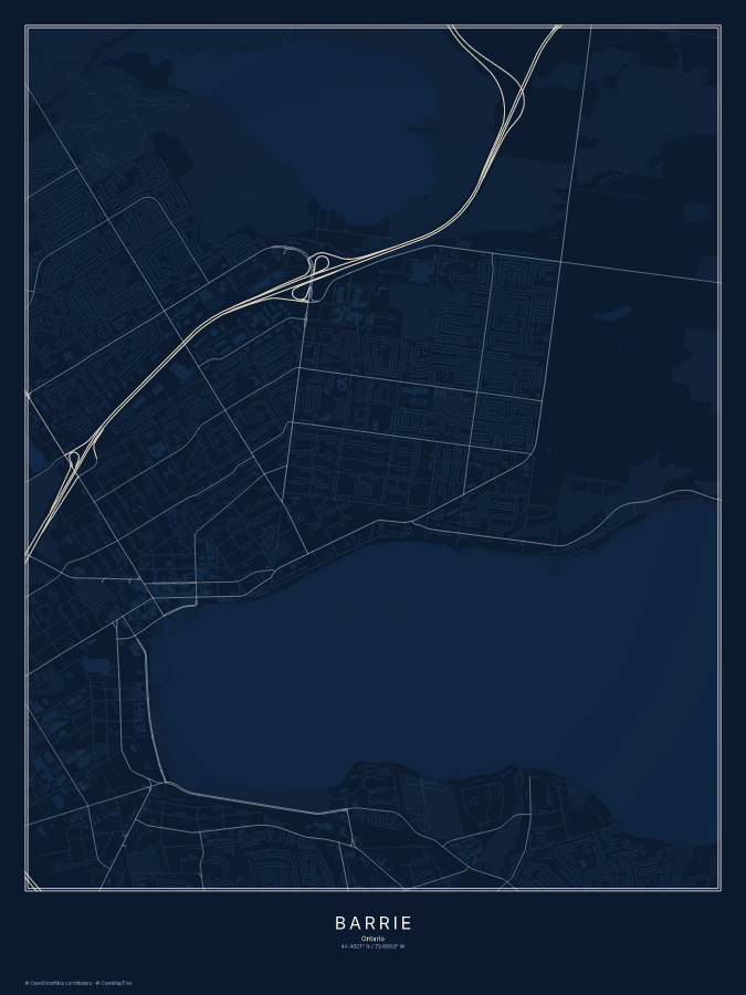 Barrie map poster, midnight style