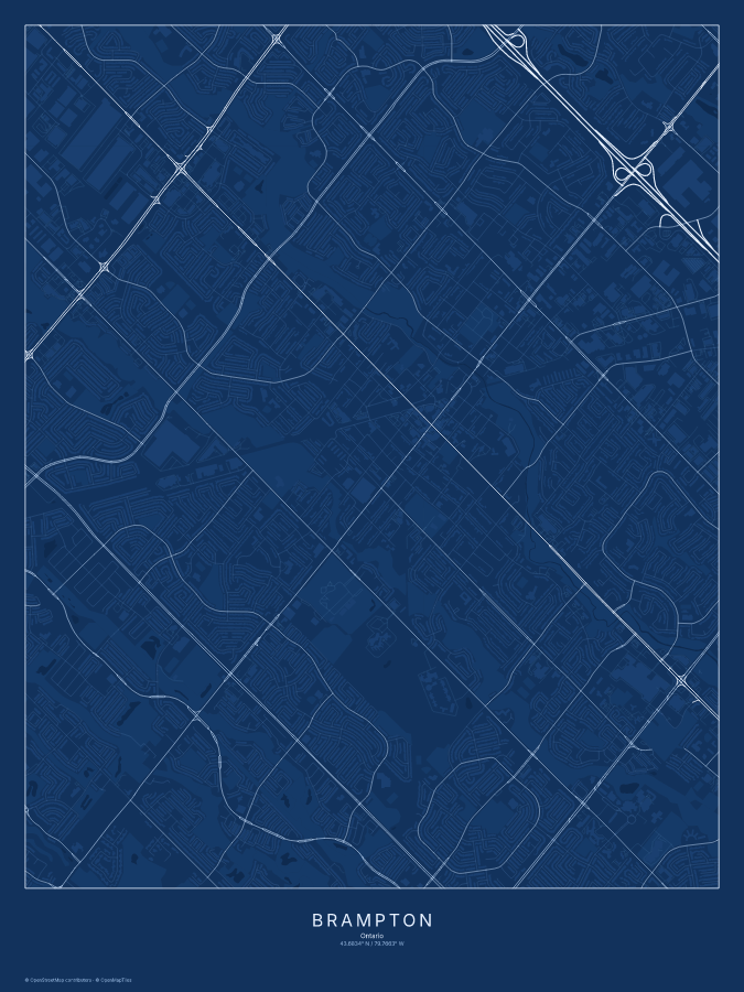 Brampton map poster, blueprint style