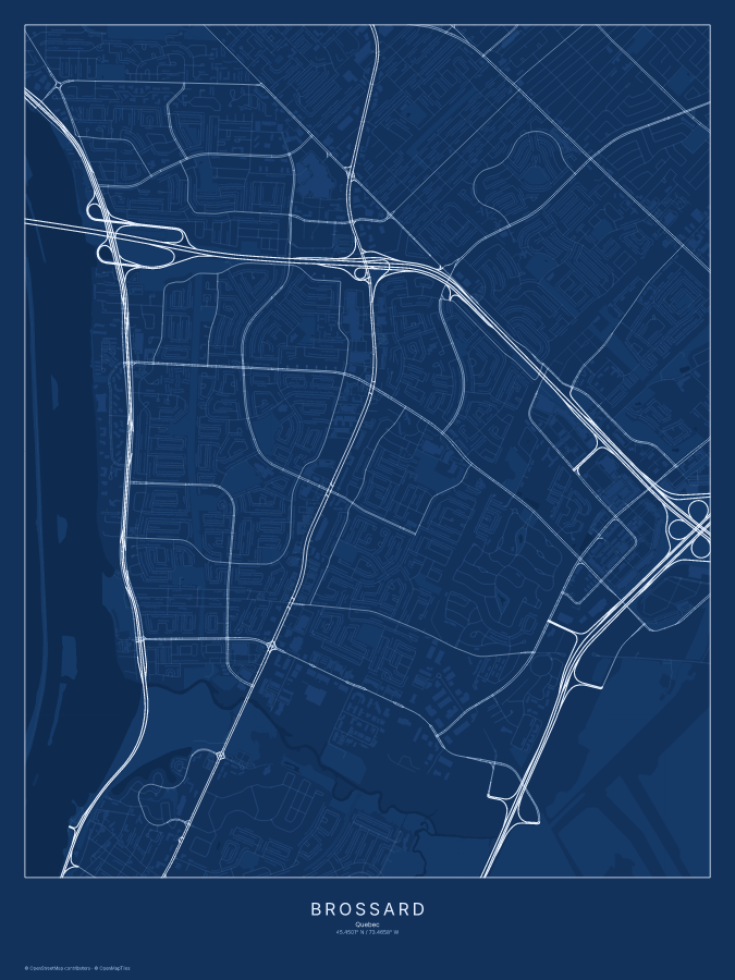 Brossard map poster, blueprint style