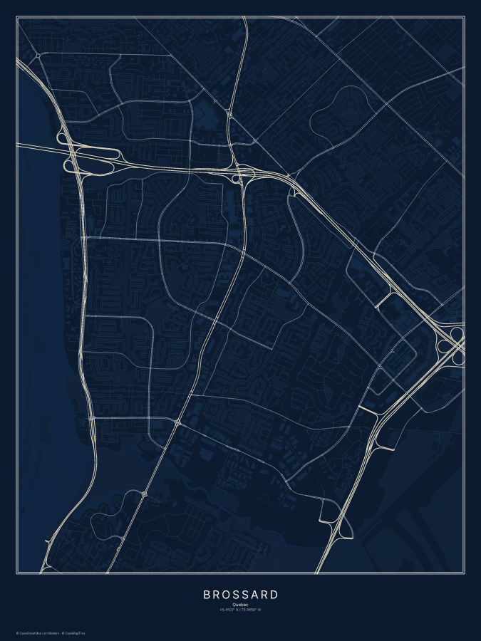 Brossard map poster, midnight style