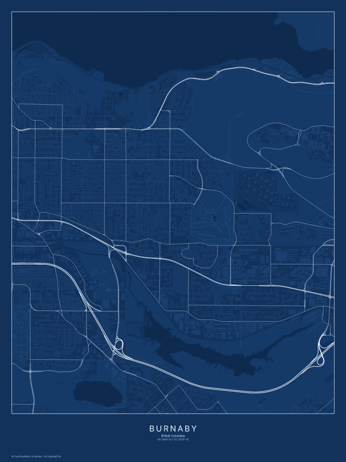 Burnaby map poster, blueprint style