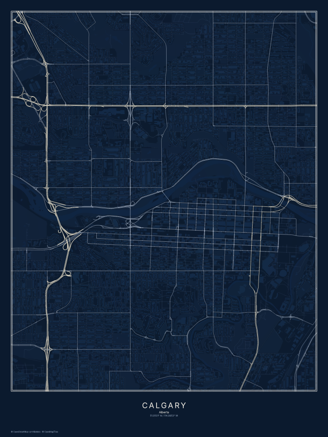Calgary map poster, midnight style