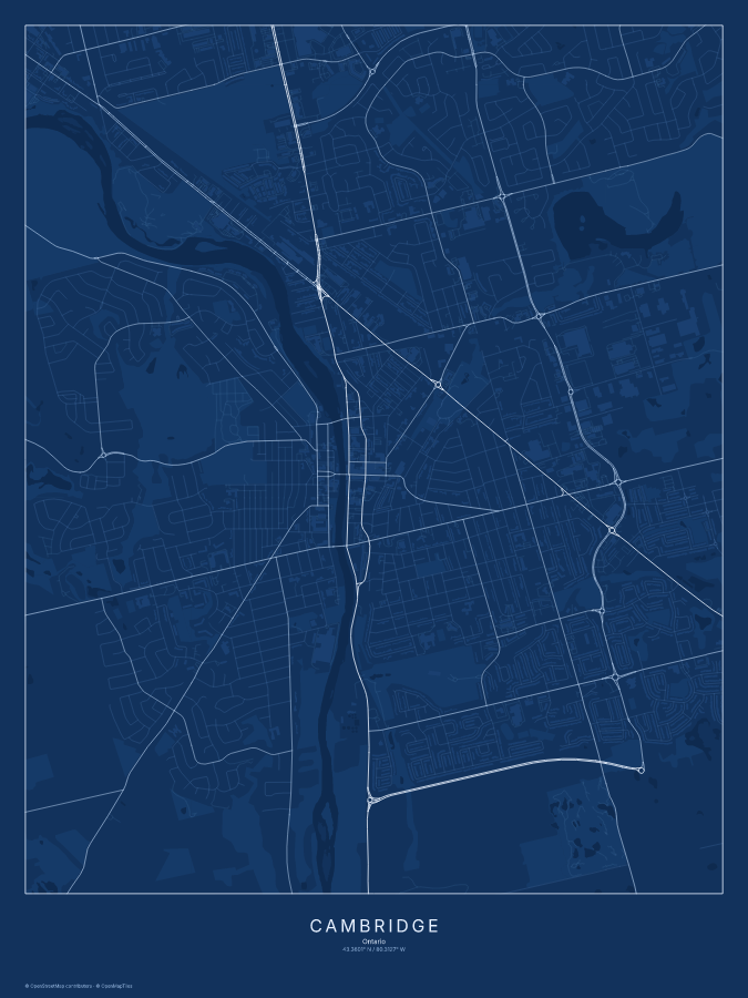 Cambridge map poster, blueprint style
