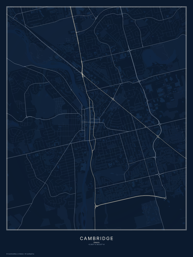 Cambridge map poster, midnight style