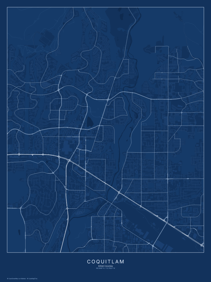 Coquitlam map poster, blueprint style