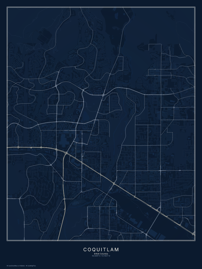 Coquitlam map poster, midnight style