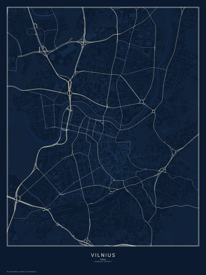Vilnius map poster, midnight style