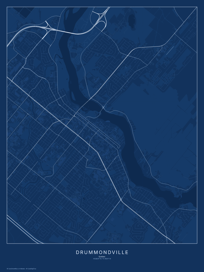 Drummondville map poster, blueprint style