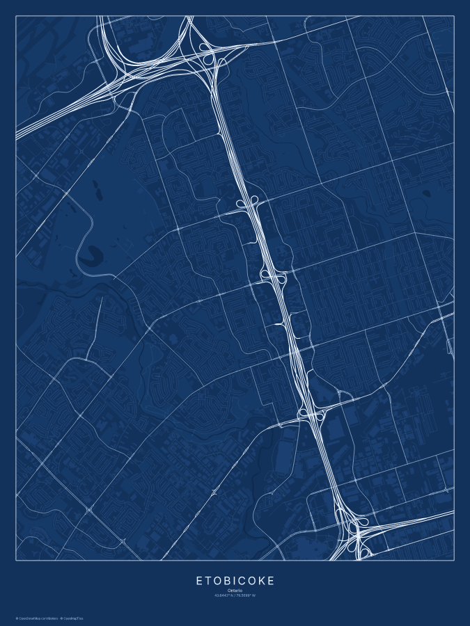 Etobicoke map poster, blueprint style