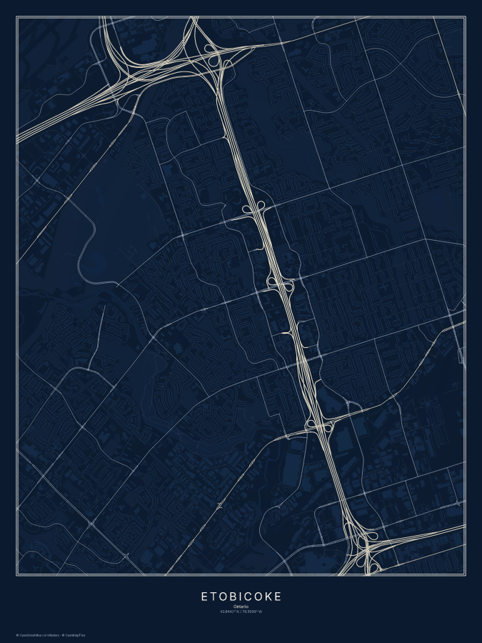 Etobicoke map poster, midnight style