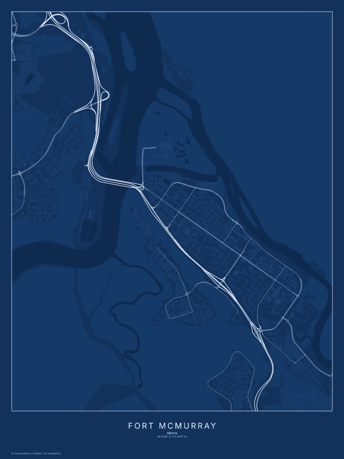 Fort McMurray map poster, blueprint style