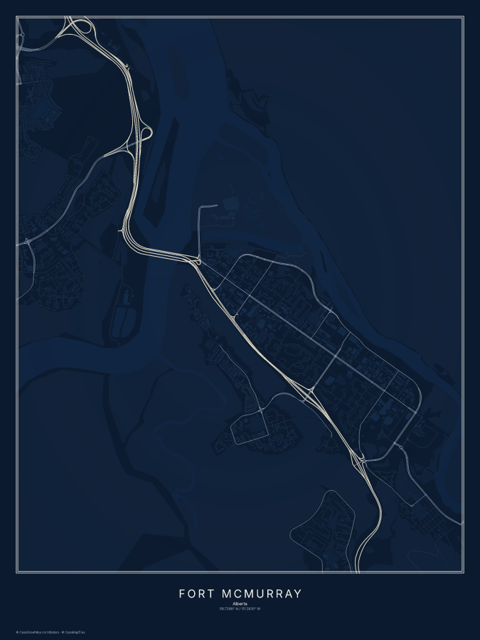 Fort McMurray map poster, midnight style