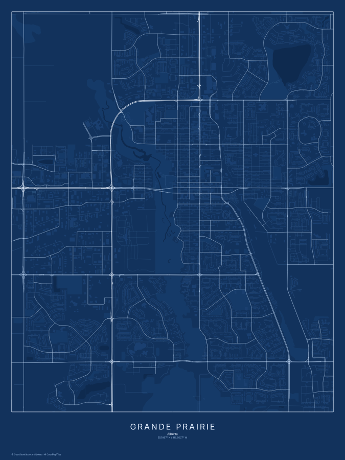 Grande Prairie map poster, blueprint style